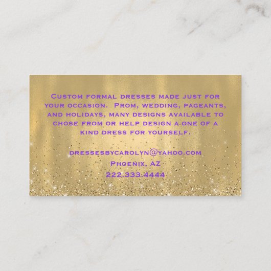 Lila und GoldGlittery Näherin-Geschäfts-Karte Visitenkarte (Rückseite)