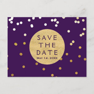 Lila- und Goldklatsche Confetti Dots Save the Date Ankündigungspostkarte