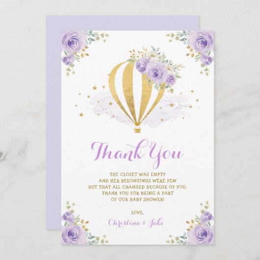 Lila und Goldmit blumenheißluft-Ballon-Baby-Dusche Dankeskarte (Vorne/Hinten)