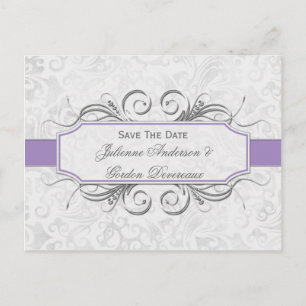 Lila und grau Damask Save the Date Ankündigungspostkarte