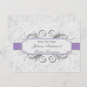 Lila und grau Damask Save the Date Ankündigungspostkarte (Vorne/Hinten)
