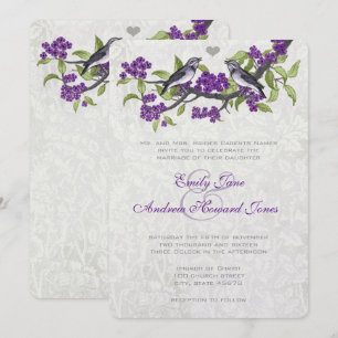 Lila und Grau Vintage Liebesvögel Hochzeitseinladu Einladung