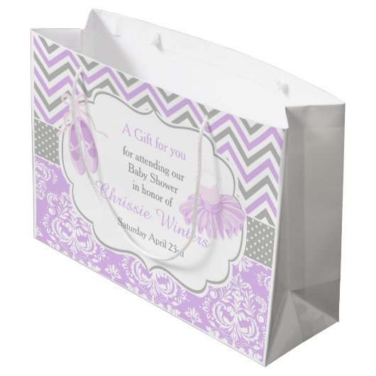 Lila und grau Zickzack Ballerina Danke Große Geschenktüte (Rückseite Schrägansicht)