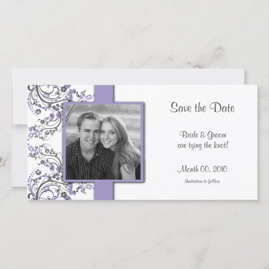 Lila und graublütige Save the Date Foto Cards (Vorderseite)
