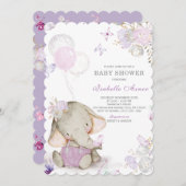 Lila und graue Elephant Baby Dusche Dekoration Einladung (Vorne/Hinten)