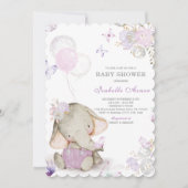 Lila und graue Elephant Baby Dusche Dekoration Einladung (Vorderseite)