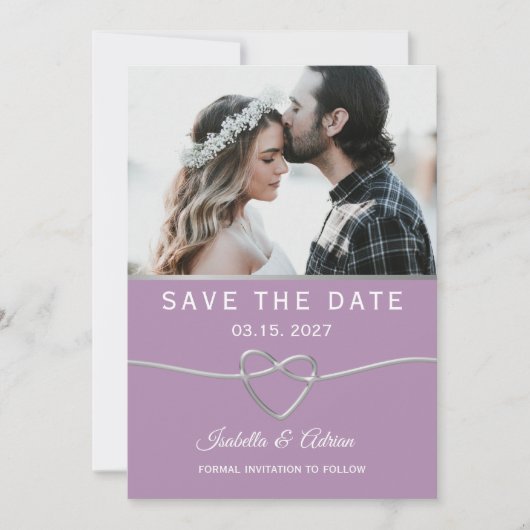 Lila und graue Foto-Hochzeit Save The Date (Vorderseite)