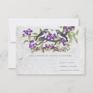 Lila und graue Vintage Vögel Damask Einladung