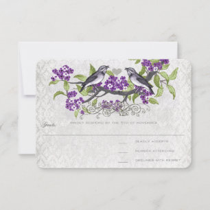 Lila und graue Vintage Vögel Damask Hochzeit RSVP Karte