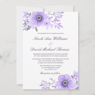 Lila und graue Wasserfarben-Anemone-Hochzeit Einladung