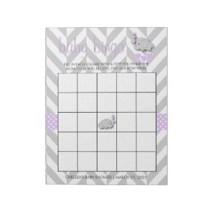 Lila und graues Elephant Baby Shower Bingo Game Notizblock