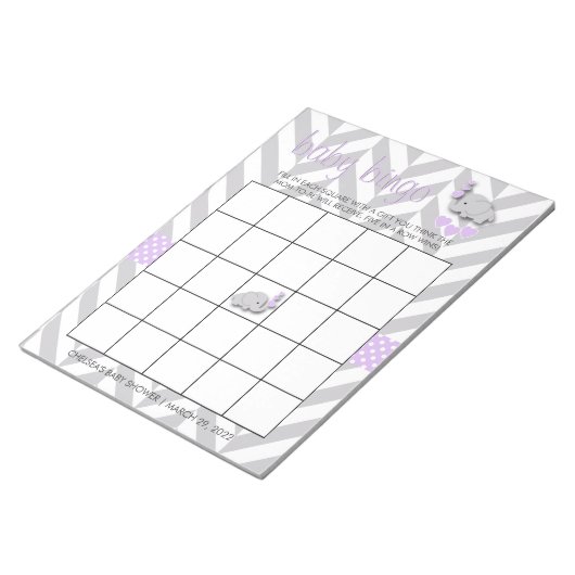 Lila und graues Elephant Baby Shower Bingo Game Notizblock (angewinkelt)