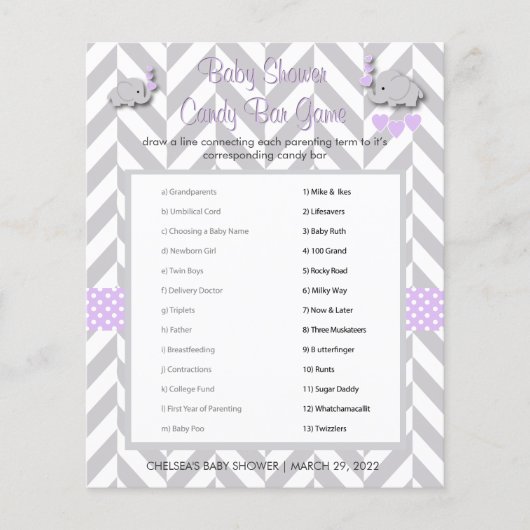 Lila und graues Elephant Baby Shower Game Flyer (Vorne)