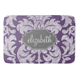 Lila und graues Vintages Damast-Muster-Monogramm Badematte