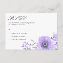 Lila und graufarbene Blumenhochzeit RSVP