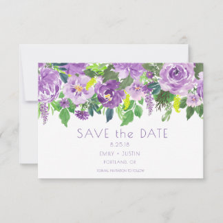 Lila und grüne Aquarellblumen Save the Date |