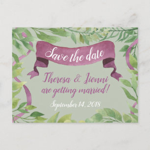 Lila und grüne Aquarellfarben - Save the Date Ankündigungspostkarte