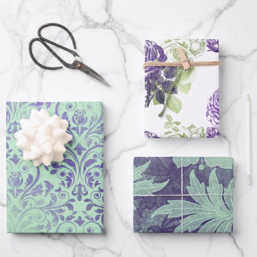 Lila und grüne Blumenumhüllungsblätter Geschenkpapier Set (Vorderseite)