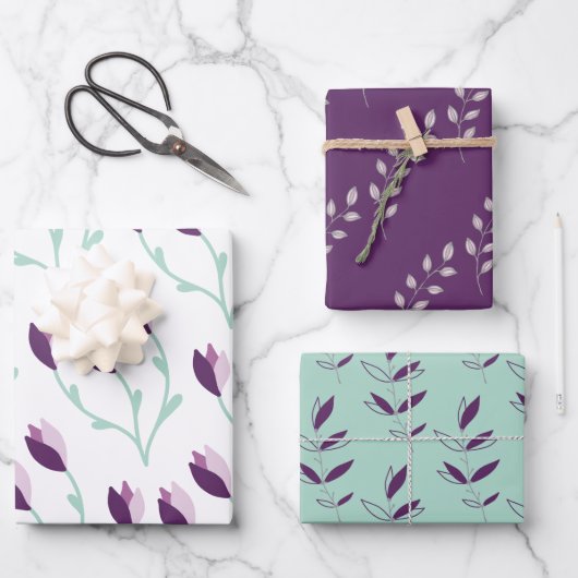 Lila und grüne Blumenumhüllungsblätter Geschenkpapier Set (Vorderseite)