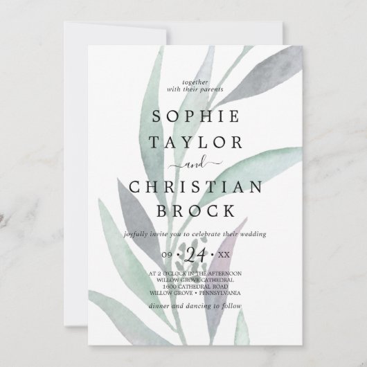 Lila und grüne Eukalyptus-Faded-Foliage Einladung (Vorderseite)