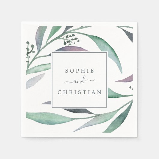 Lila und grüne Eukalyptus-Hochzeit Serviette (Vorderseite)