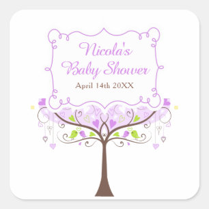 Lila und grüne florale Vogel-Baby-Party  Quadratischer Aufkleber