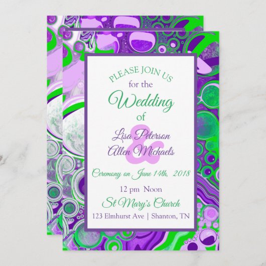 Lila und grüne Marmorflüssigkeiten Einladung (Vorne/Hinten)