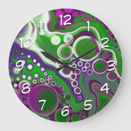Lila und grüne Marmorflüssigkeiten Kunst Große Wanduhr (Vorderseite)