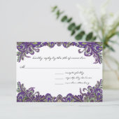 Lila und grüne Pfauenhochzeiten RSVP Karte (Stehend Vorderseite)