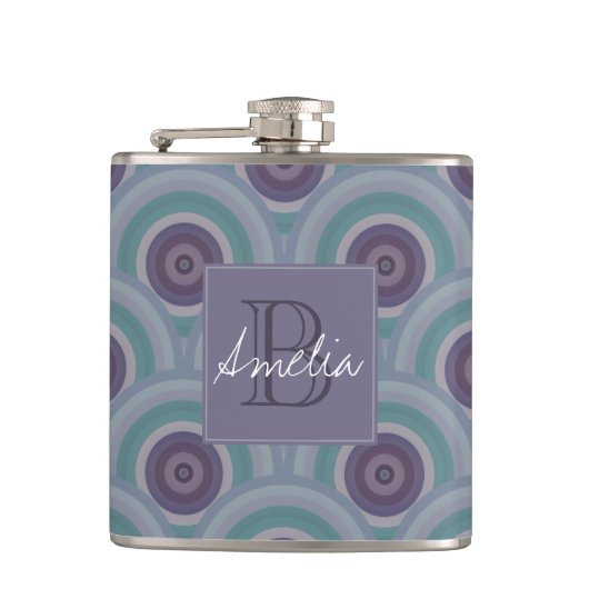 Lila und grüne Retro-Kreise Muster Monogramm Flachmann (Vorderseite)