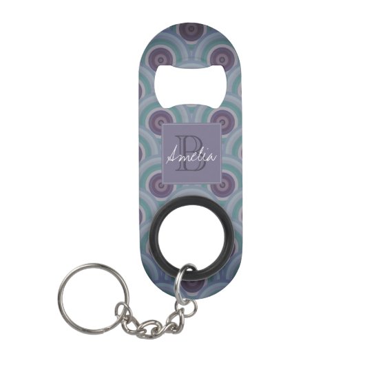 Lila und Grüne Retro-Kreise Muster Monogramm Mini Flaschenöffner (Vorderseite)