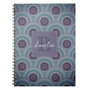 Lila und Grüne Retro-Kreismuster-Monogramm Notizblock