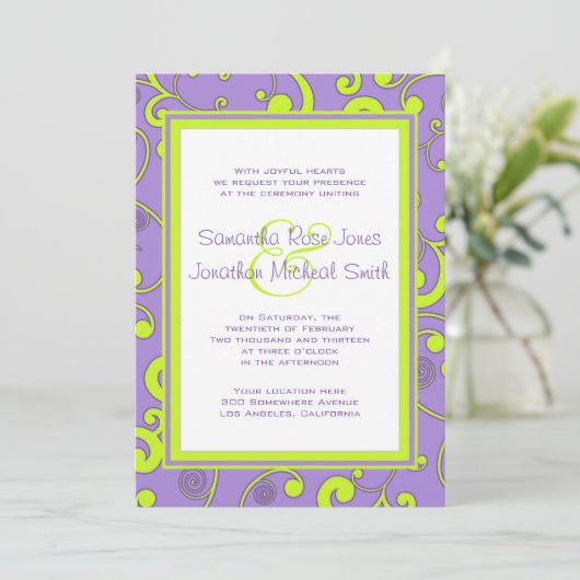 Lila und grüne Rolle-Hochzeits-Einladung Einladung (Stehend Vorderseite)
