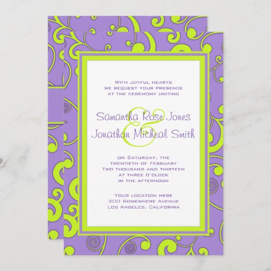 Lila und grüne Rolle-Hochzeits-Einladung Einladung (Vorne/Hinten)