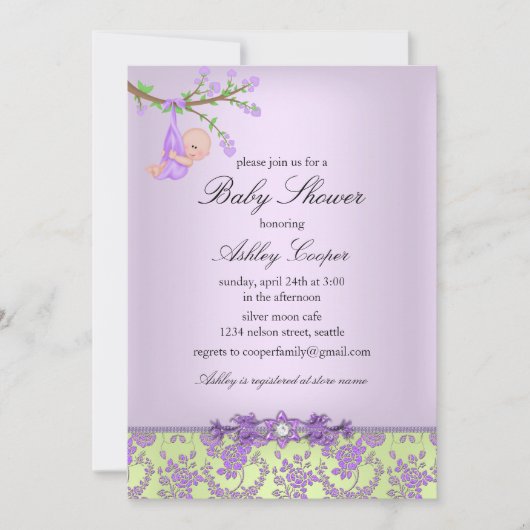 Lila und grüne Rose Garden Kinderdusche Einladung (Vorderseite)