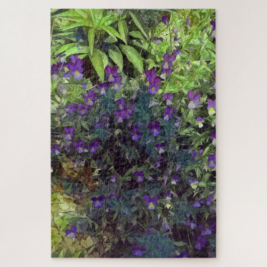 Lila und grüne Stiefmütterchenblumen und Blätter Puzzle (Vertikal)