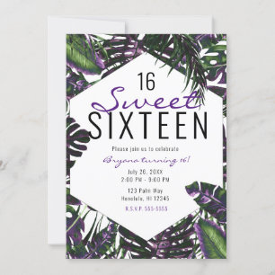Lila und Grüne Tropische Palmenblätter Sweet 16 Einladung