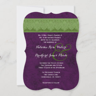 Lila und grüne Vintage Damask Ribbon Wedding V31 Einladung