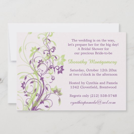 Lila und grüne Wirbel Brautparty laden ein Einladung (Rückseite)