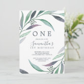 Lila und grüner Eukalyptus Wreath erster Geburtsta Einladung (Stehend Vorderseite)