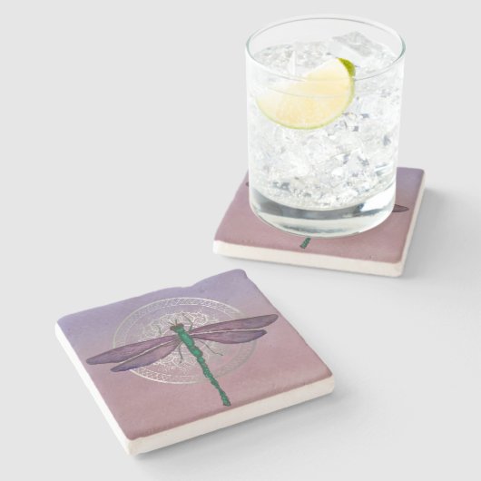 Lila und grüner Libellen-Kalkstein-Untersetzer Steinuntersetzer (Seitenansicht)
