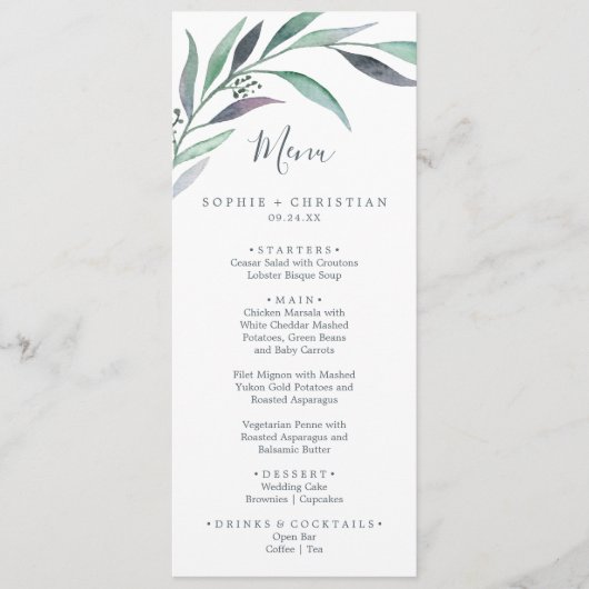 Lila und grünes Eukalyptus-Hochzeitmenü Menükarte (Vorderseite)
