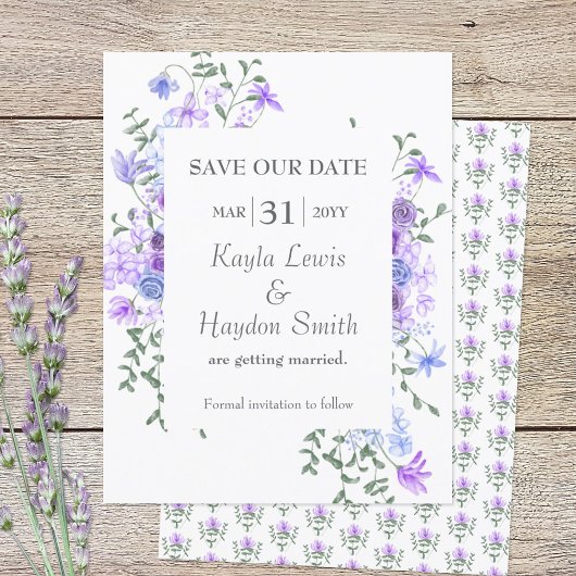 Lila und hellblaue Rose Hochzeit speichern das Dat Einladung