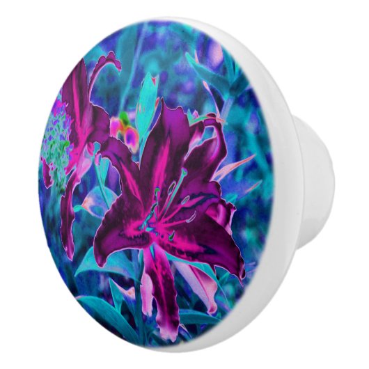 Lila und Hot Pink Abstrakte Orientalische Lilien B Keramikknauf (Rechts)