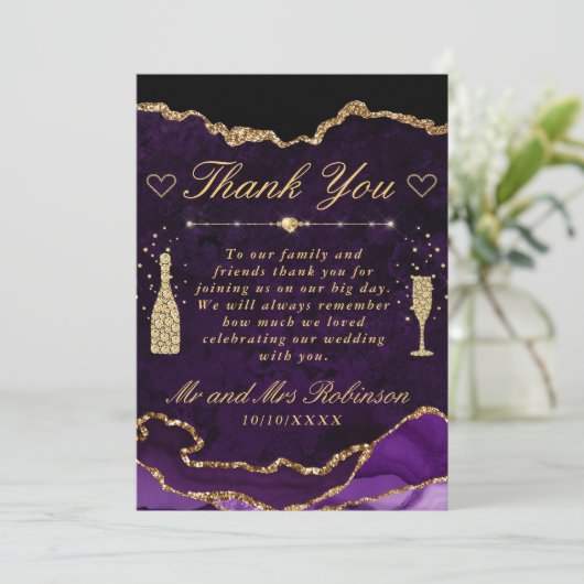 Lila und Imitate Gold Glitzer Agate Wedding Dankeskarte (Stehend Vorderseite)