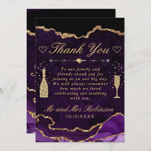 Lila und Imitate Gold Glitzer Agate Wedding Dankeskarte (Vorne/Hinten)