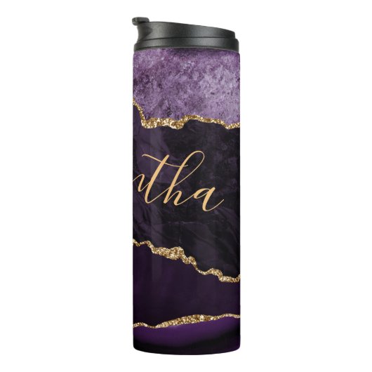 Lila und Imitate Gold Glitzer Marmormatte Thermosbecher (Nach rechts gedreht)