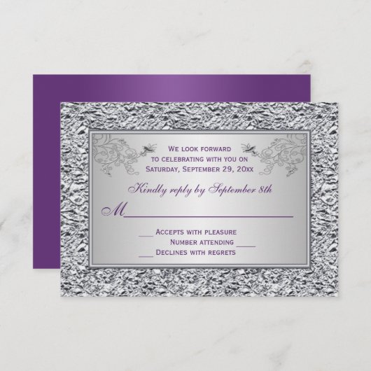 Lila und IMITATE Silver Foil Floral RSVP Card II (Vorne/Hinten)