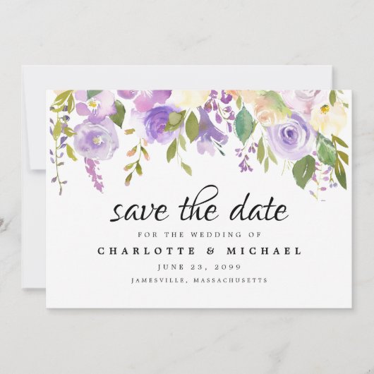Lila und ivorische Save the Date-Karte Save The Date (Vorderseite)