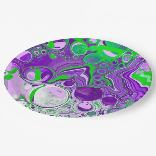 Lila und kalkgrüne Marmorlasche Kunst Pappteller (Schrägansicht)